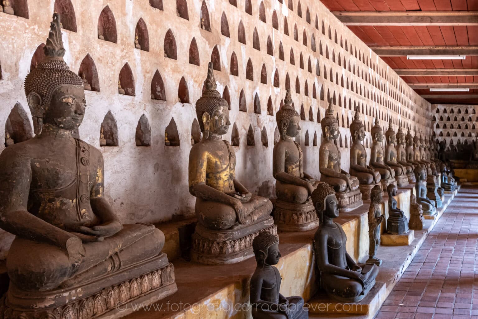 La fila dei Buddha lungo il porticato, fino in fondo.
